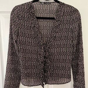 Zara Ruffle Open Front, Ties, Black Pattern Blouse
